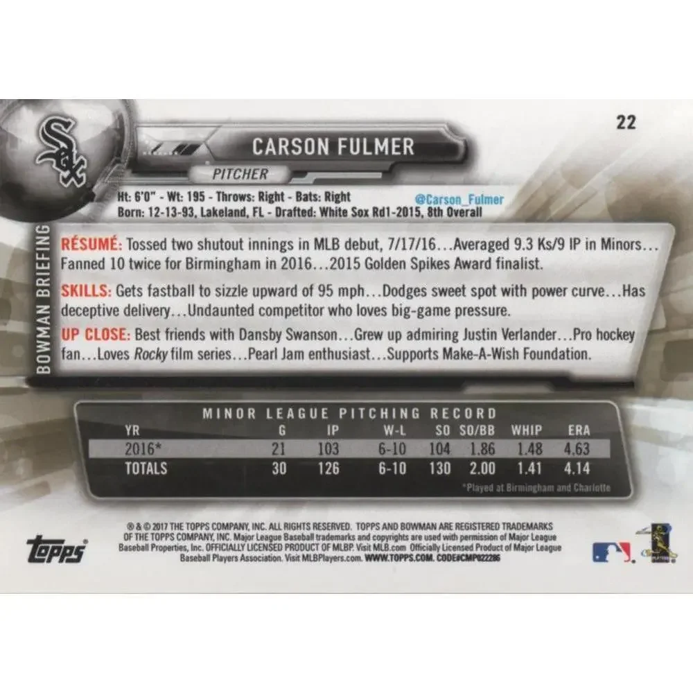 2017 Bowman Carson FulmerÂ  RC # 22 Chicago White Sox